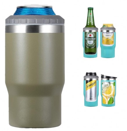 4 i 1 boks & flaskeisolator i rustfritt stål - 400ml - toveislokk - SUS-isolert bokskjøler, ølflaskeholder - Olivengrønn