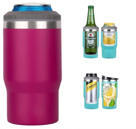 4 i 1 boks & flaskeisolator i rustfritt stål - 400ml - toveislokk - SUS-isolert bokskjøler, ølflaskeholder - Roserød