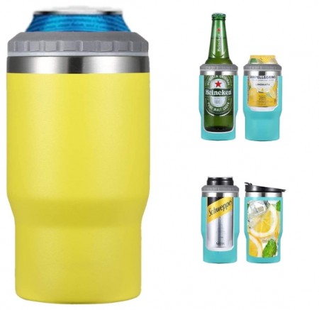 4 i 1 boks & flaskeisolator i rustfritt stål - 400ml - toveislokk - SUS-isolert bokskjøler, ølflaskeholder - Gul