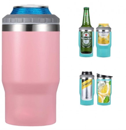4 i 1 boks & flaskeisolator i rustfritt stål - 400ml - toveislokk - SUS-isolert bokskjøler, ølflaskeholder - Rosa