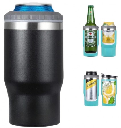 4 i 1 boks & flaskeisolator i rustfritt stål - 400ml - toveislokk - SUS-isolert bokskjøler, ølflaskeholder - Farge Svart