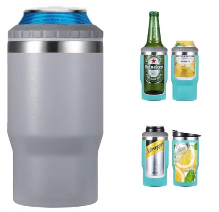 4 i 1 boks & flaskeisolator i rustfritt stål - 400ml - toveislokk - SUS-isolert bokskjøler, ølflaskeholder - Farge Grå