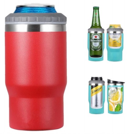 4 i 1 boks & flaskeisolator i rustfritt stål - 400ml - toveislokk - SUS-isolert bokskjøler, ølflaskeholder - Rød